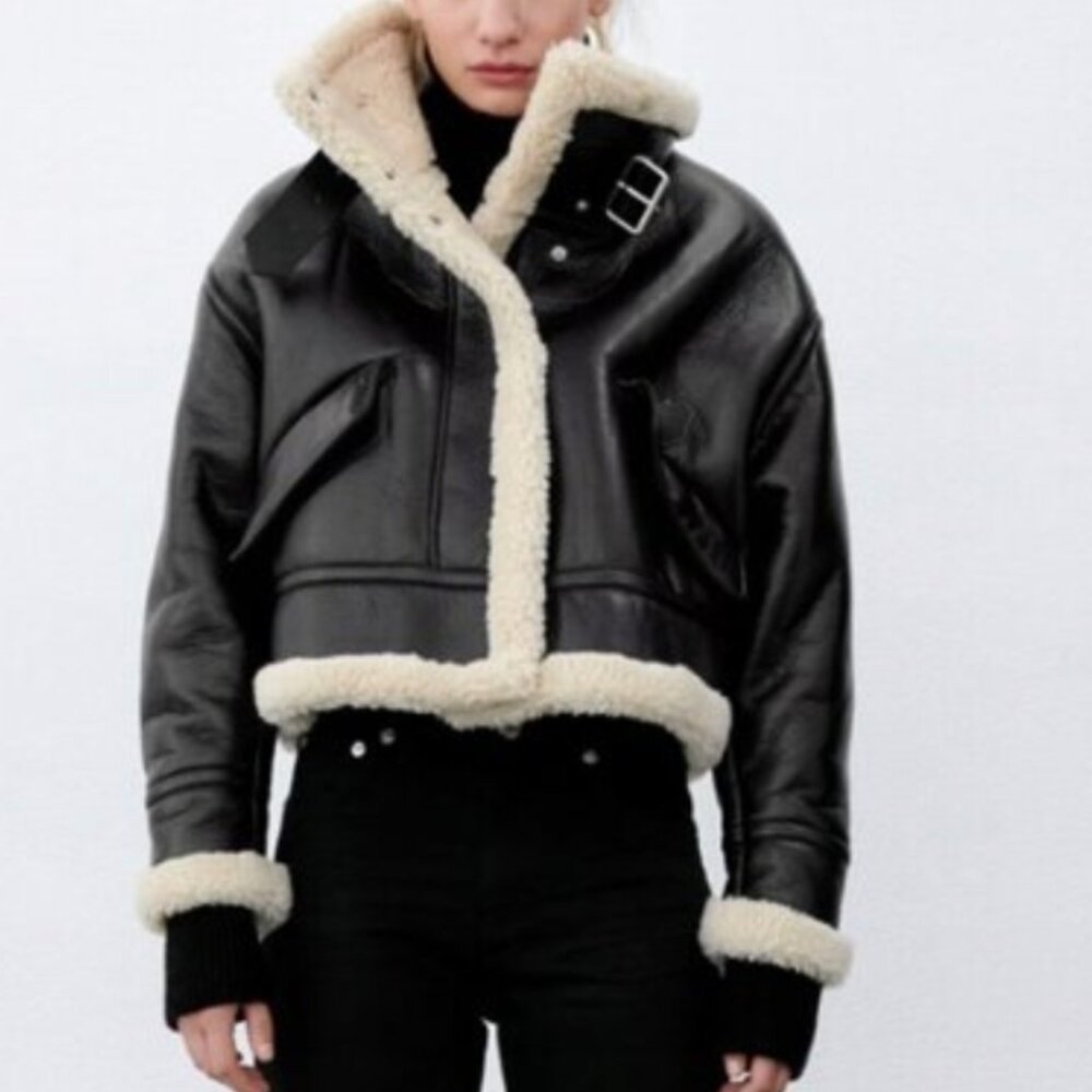 Zara Faux Leather Fleece Collar Jacket Black XS